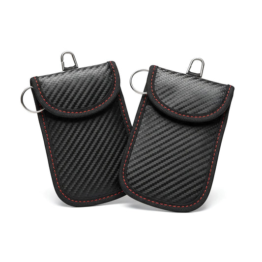 autods-user-store-55018 set of two black carbon fiber style Faraday key fob pouches with red stitching and metal hooks