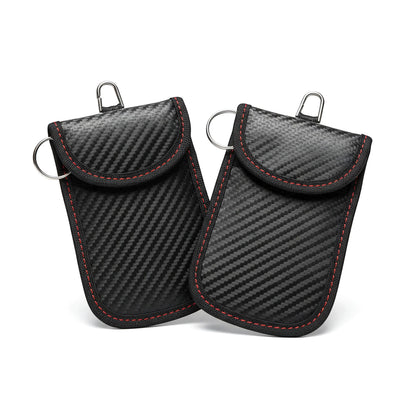 autods-user-store-55018 set of two black carbon fiber style Faraday key fob pouches with red stitching and metal hooks