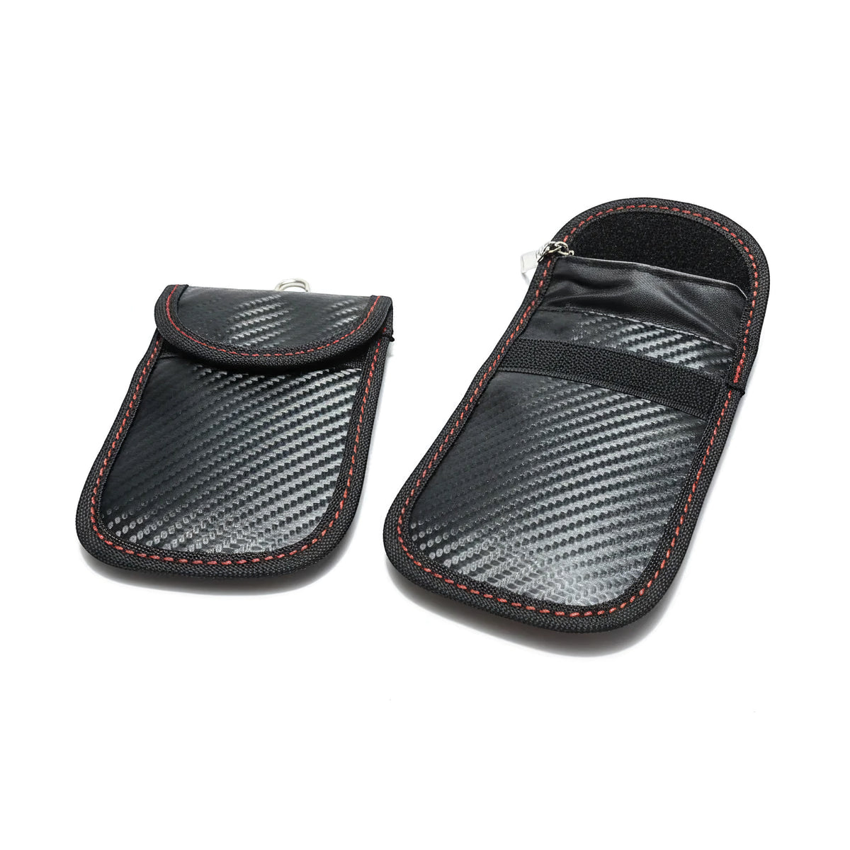 autods-user-store-55018 carbon fiber style Faraday key fob pouches with red stitching and signal blocking technology