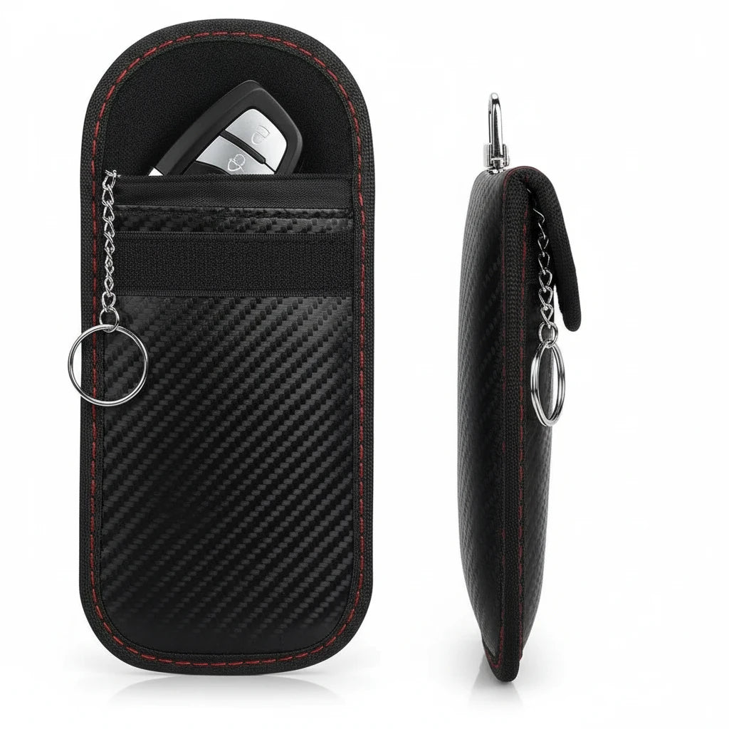 autods-user-store-55018 black carbon fiber Faraday key fob pouches with signal blocking fabric and metal key rings