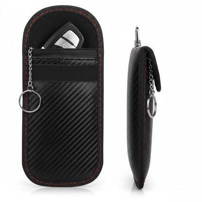 autods-user-store-55018 black carbon fiber Faraday key fob pouches with signal blocking fabric and metal key rings