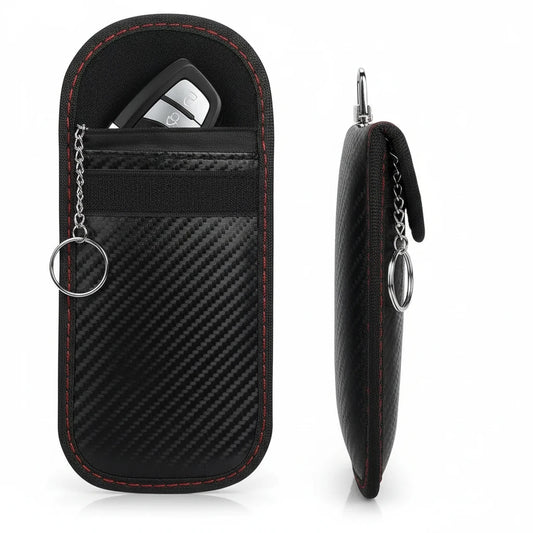autods-user-store-55018 black carbon fiber Faraday key fob pouches with signal blocking fabric and metal key rings