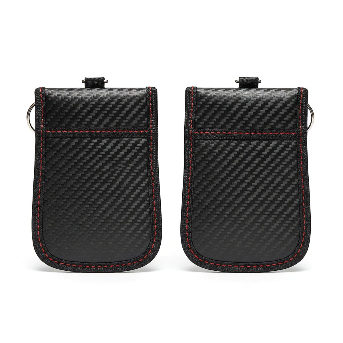 autods-user-store-55018 two black carbon fiber Faraday key fob pouches with red stitching and metal key rings