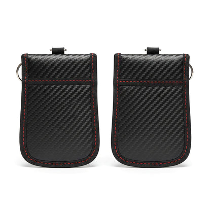 autods-user-store-55018 carbon fiber style signal-blocking Faraday pouches with red stitching for car key fobs
