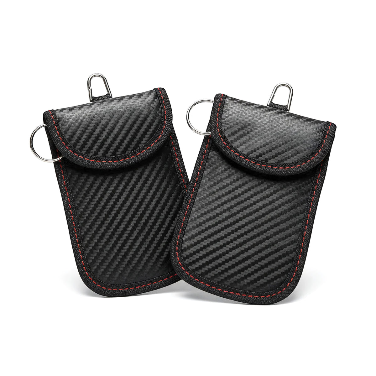 Two autods-user-store-55018 black carbon fiber signal-blocking Faraday pouches with red stitching and key rings.